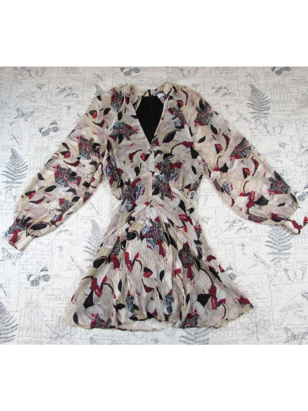 $587  IRO PARIS Designer darsa sexy Romantic  v-neck long slv silk bld dress XXS